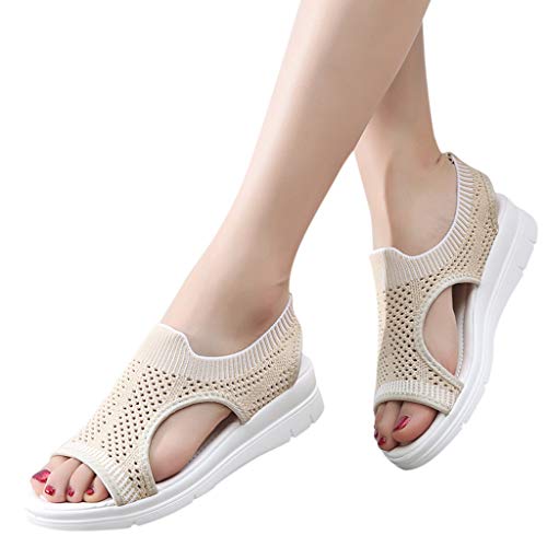 Slip On Walking Shoes,ONLY TOP Women's Mesh Breathable Sandals Lace-Up Running Open Toe Sneakers Beige