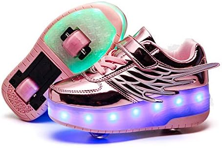 Knnnen USB Chargable LED Light Up Double Wheeled Roller Skate Sneaker Shoes for Boys Girls Kids