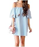 Abetteric Women's Floral Printed Shoulder Off Casual Mini Dress Top Light Blue L