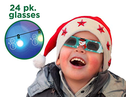 Holiday Specs 3D GLASSES- 24pk Holographic glasses, Look through Glasses at your Holiday Lights and see Snowmen, Snowflakes, Santa, Gingerbread Men, Candy Canes or Reindeer Appear before your Eyes!