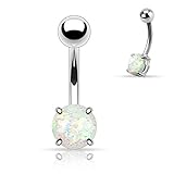 {White} Synthetic Opal Glitter Prong Set 316L Surgical Steel Belly Button Ring (Sold Individually)