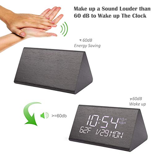 Digital Alarm Clock, Adjustable Brightness Voice Control Desk Wooden Alarm Clock, Large Display Time Temperature USB/Battery Powered for Home, Office, Kids