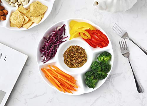 Chip & Dip Serving Set Porcelain Divided Serving Platter/Tray Perfect for Snack 9.4-inch White Dish, Set of 2 - Thumbnail 3