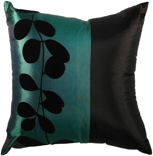 Teal Green and Black Vine-18x18 Inches, Decorative Thai Silk Pillow Cover.