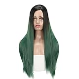 MISSWIG Synthetic Wigs Long Straight Ombre Wig Heat Resistant Fiber Dark Green Black Roots Full Wigs for Black Women with Wig Cap