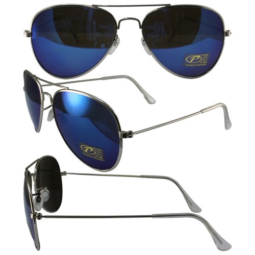 Classic Pilot Aviator Sunglasses Chrome Frames and Blue Mirrored Lenses