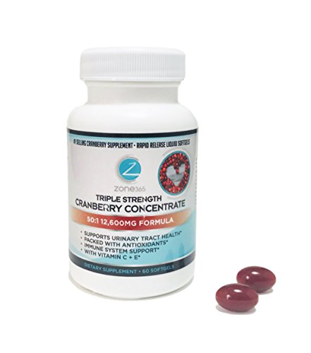 Cranberry Triple Strength Softgels Supplement - Maintains Healthy Urinary Tract & Immune System with Vitamin C. 12,600 mg Pure Cranberry Extract from Zone- 365. Cranberry Triple Strength Softgels Supplement - Maintains Healthy Urinary Tract & Immune System with Vitamin C. 12,600 mg Pure Cranberry Extract from Zone- 365.