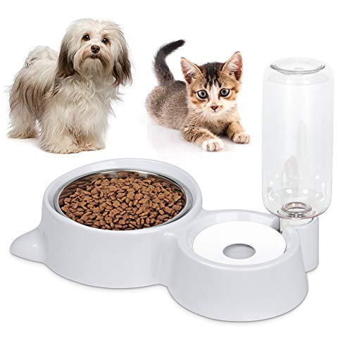 Cat Dog Feeder Automatic Water Bowl and Food Bowl Set, Dogs Cats Stainless Steel Feeder Bowl and Automatic Gravity Water Dispenser Double Pet Bowls Bottle for Small or Medium Size Dog Cats (Gray)