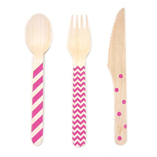 Dress My Cupcake Stamped Wooden Cutlery Set, Chevron/Striped/Polka Dot, Fuchsia, 18-Pack