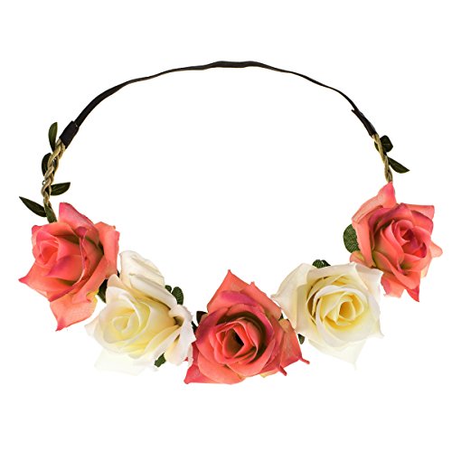 June Bloomy Women Rose Floral Crown Boho Flower Headband Hair Wreath (Ivory Pink)