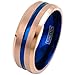King's Cross Luxurious 6mm/8mm Rose Gold Tungsten Carbide Band Ring with Sapphire Blue Stripe, Matching Inner Band & Beveled Edges.