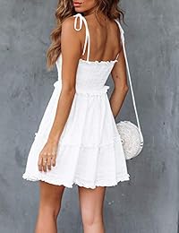 LEANI vestido corto de playa sin espalda con volantes de color liso con correa de espagueti de verano para dama