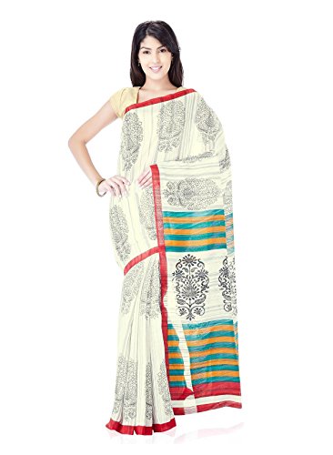 IndusDiva Women's Off White and Grey Faux Jute Saree