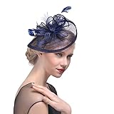 FeiYu Crafts Penny Mesh Hat Fascinator With Mesh Ribbons and Navy Feathers