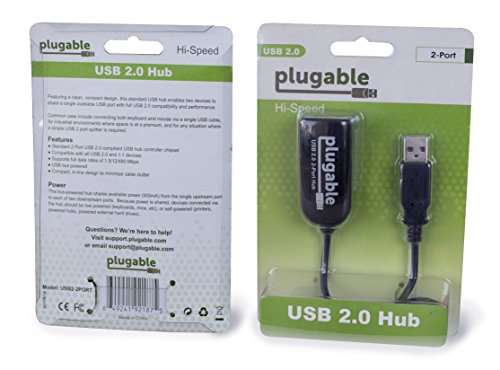 Plugable USB 2.0 2-Port High Speed Ultra Compact Hub/Splitter (480 Mbit/s, USB 2.0 Windows, Linux, OS X, Chrome OS)