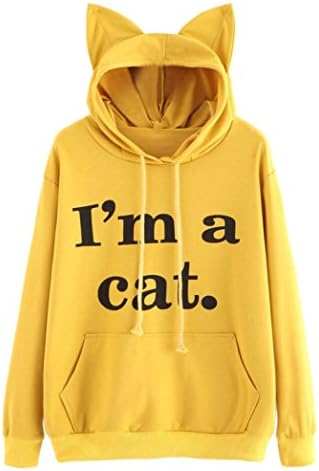 JINSHUN Women Letter Print "I'M A CAT" Long Sleeve Hoodie Pullover Sweatshirt, Ladies Sport Hooded T-Shirt Blouse (XL, Yellow)