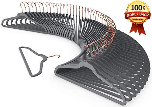 Premium Quality Velvet Hanger (Set of 50) - Ultra -Thin No Slip Velvet Suit Hangers - Swivel Rose Gold Hooks, Stronger Than Standard Velvet Hangers - Space Saving Valvet Hanger (50, Grey)