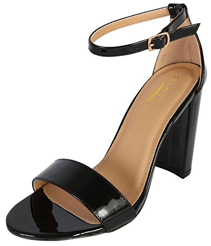 Glaze Women\'s Chunky Heel Ankle Strap Sandals - Open Toe Strappy Heels, Black Patent, Size 10'