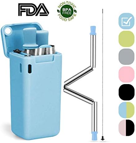 Portable Collapsible Straws, Reusable Stainless Steel Drinking Folding Straws with Cleaning Brush (Blue)