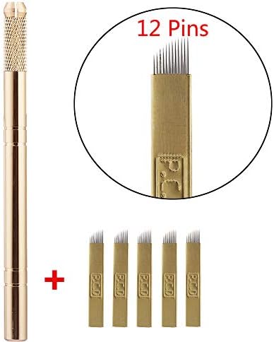 3D Tattoo Pen,5 Pcs 12 Pins Microblading Needles+Golden Tebori Permanent Makeup Manual Eyebrow Tattoo Set
