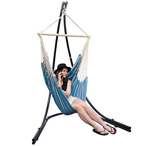 Eyepower XXL Hängesessel 185x130cm Hängestuhl bis 150 kg Baumwolle Hängesitz 2 Personen Hängematte Hängeschaukel Blau Streifen – Bild 6