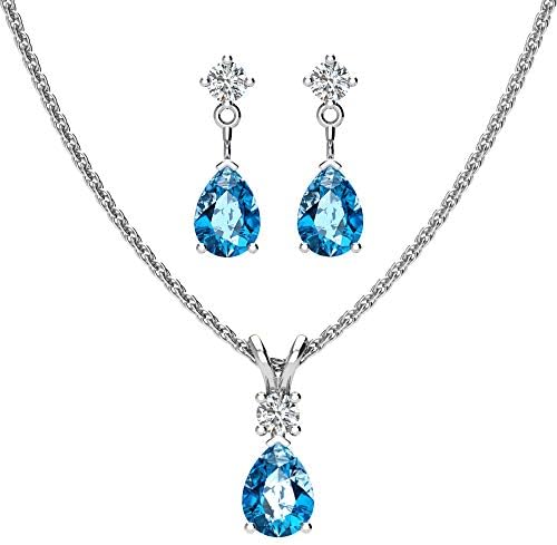 Silver Smile Sterling Silver Jewelry Set For Women With Pear Shaped 7x5mm Gemstone Necklace, 3mm Natural White Topaz, and Matching Pear Shaped Earrings For Her