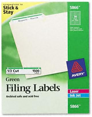 Permanent Filing Labels, 1/3 Cut, 1500/BX, Green
