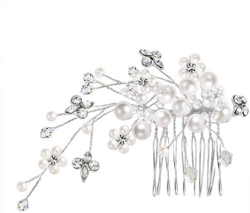 Bridal Hair Comb Rhodium Plated Rhinestone Simulated Pearl