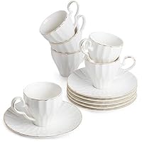 BTäT- Tea Cups and Saucers, Set of 6 (5 oz) with Gold Trim and Gift Box, Cappuccino Cups, Coffee Cups, White Tea Cup Set, British Coffee Cups, Porcelain Tea Set, Latte Cups, Espresso Mug, White Cups