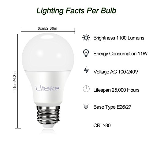 Litake A19 LED Bulbs 5000K, Daylight 100 Watt Equivalent LED Light Bulbs, 1100LM, 100-240V, 11W E26 Base LED Household Light Bulbs - 12 Pack