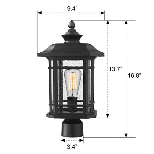 Emliviar Outdoor Post Lighting Fixture 17 inch, 1-Light Exterior Post Light in Black Finish with Seeded Glass, A2202110P1 - Thumbnail 7