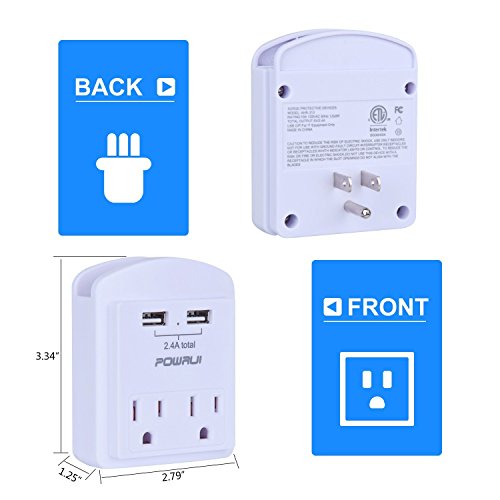 Multi Outlet, Wall Outlet, POWRUI 2-Pack Mini Wall Mount Adapter Surge Protector 1080 Joules with Dual USB Charger Ports(2.4A Total), Dual Outlet Extender and Top Phone Holder, White, ETL Certified - Thumbnail 6