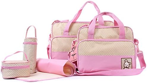 LamarBabyCare-5 pieces waterproof & Multifuntion diaper tote bag set with removable & adjustable crossbody shoulder strap,pad, Aluminum film keeps feeding bottle warm & more pockets