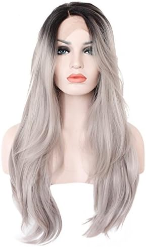 Chanecci Ombre Gray Synthetic Lace Front Replacement Wigs Long Natural Straight Silver Grey Heat Resistant Fiber Hair Glueless Wig For Women with Cap