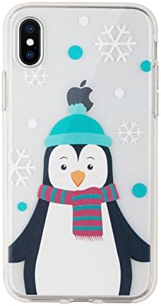 Buyus iPhone X Case Clear with Design, Soft Thin TPU Rubber Silicone Back Protective Cover Bumper with Cute Animal Pattern (Penguin with Sky Blue Hat,Purple/Grey Scarf,White Snowflake)