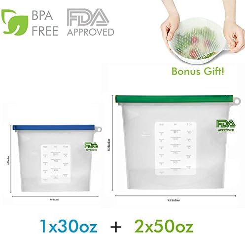 Reusable Silicone Food Storage Bag Set of 3(2x50+30 OZ, Clear) - Airtight Zip Seal Bags Keep Your Food Fresh. Bag For Cooking, Sous Vide, Lunch, Snack, Sandwich, Freezer.