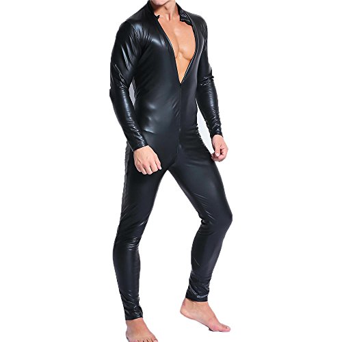 QiaTi Mens Full Body Leotard Long Sleeves Unitard Faux Leather Bodysuit (US XX-Large/With Tag XXXL)