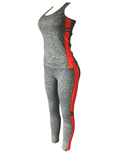 Women Sports Gym Yoga Workout Activewear Sets 2 Pieces Top+Leggings Set (M/L, Grey/Dark Coral Touch)