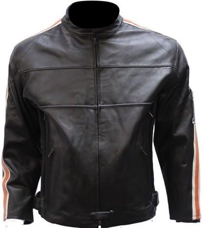 Mens Leather Motorcycle Jacket With Orange and White Stripes (Size XL, X-Large, 48-50)