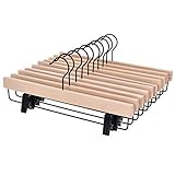 JS HANGER Pants Hanger Unfinished Wooden Grain with 2-Adjustable Clips Mark Free Tips, 10 Pack.