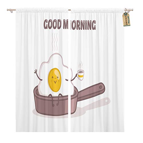 Golee Window Curtain Yellow Coffee Good Morning Funny Cute Breakfast Omelet Pan Home Decor Rod Pocket Drapes 2 Panels Curtain 104 x 84 inches