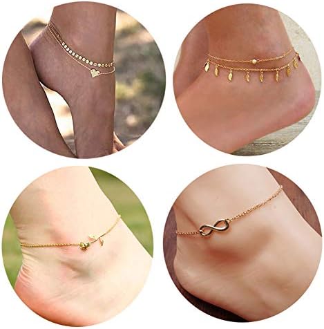 Daycindy Multilayer Infinite Love Charms Coin Chain Anklets for Women, 11" Golden
