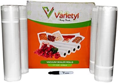 4X 11" Food Vacuum Sealer Roll 100 feet long 25' each. Commercial grade Vacuum bags. Make your own size bags. Compatible with food saver and all champ style vacuum sealers. Free marker pen.