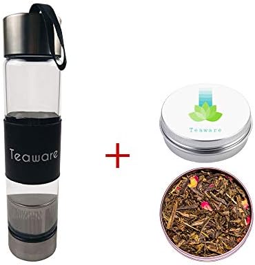 Teaware Glass Bottle Tumbler with Infuser | 2 OZ Loose Leaf Pomegranate Green Tea Included | Healthy Cold Brew Tea for Travel | Eco BPA Free | Stainless Steel Filter Strainer | Unique Gift
