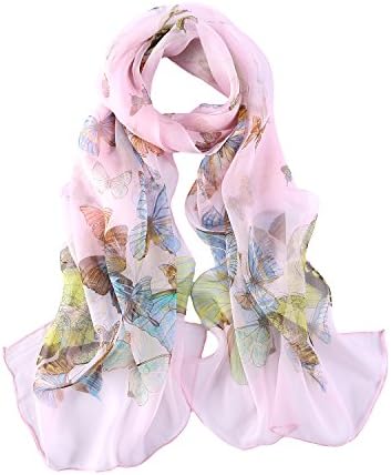 Long Georgette Silk Scarf Butterfly Print (Pink)