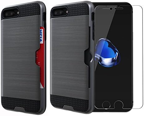 Maxono [Transparent Tempered Glass Screen Protector Film] [1 Card Slot Bumper] Super Slim Fit Light Case for iPhone 7 plus (Titanium Grey 5.5)