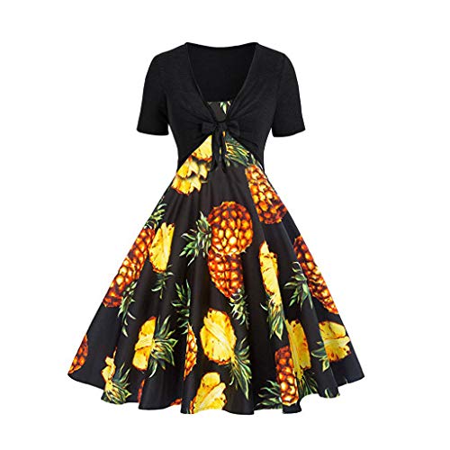 Women's Vintage Patchwork Swing Casual Party Dress Short Sleeve Lemon Pineapple Skirt (S, Black 3)