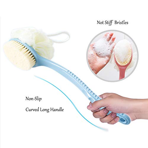 Shower Body Brush with Bristles and Loofah,Back Scrubber Bath Mesh Sponge with Curved Long Handle for Skin Exfoliating Bath, Massage Bristles Suitable for Wet or Dry, Men and Women(Pink)