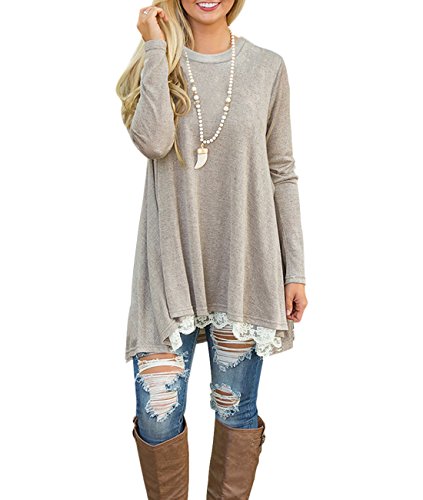 Sanifer Women Lace Long Sleeve Tunic Top Blouse (Small, Khaki)