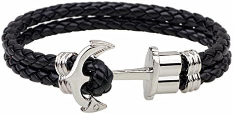 CLIDOU Men Vintage Braided Leather Silver Plated Anchor Bracelet Black Brown,width10mm,21cm